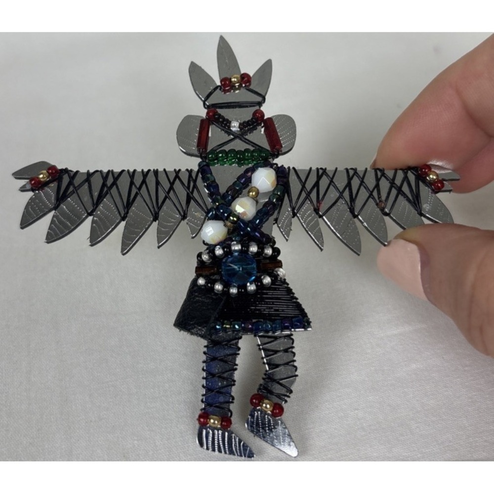 Vintage Signed Liztech Brooch 90 Eagle Dancer Pin Mirror Wire Wrap Kachina